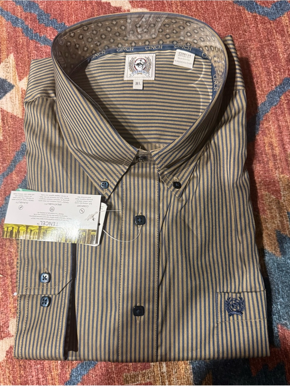 Cinch Men's Tan and Blue Striped Dress Shirt